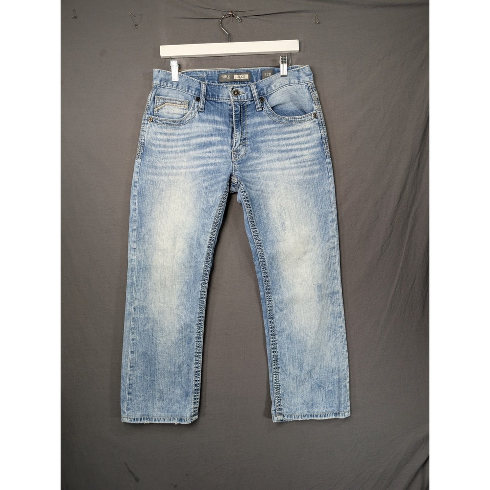 BKE Jake Bootleg Jeans Mens 32R Light Wash Blue Denim Distressed Thick Stitch